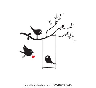 Bird on swing on branch and flying bird holding heart, vector. Fun cartoon art design. Minimalist poster design isolated on white background. Wall Decal, Art Decor, Bird Silhouette illustration