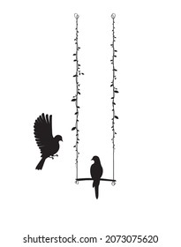 Bird on swing and flying bird silhouette, vector. Birds couple silhouettes isolated on white background. Black and white wall decals. Minimalist wall art, artwork