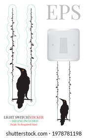 Bird on a swing, vector. Light switch sticker. Crow bird silhouette on swing. Wall decals isolated on white background, art design, artwork. Black and white art design