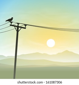 A Bird on Telephone Lines with Misty Sunrise, Sunset