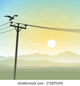 A Bird on Telephone Lines with Misty Sunrise, Sunset