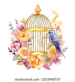 Bird on top of a golden cage surrounded by flowers watercolor paint