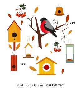 Un pájaro sobre un árbol, casas de aves de diferentes tipos. Gráficos vectoriales