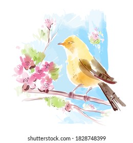 Bird on tree branch with blossom flowers watercolor painting. Abstract nature background for fabric print, greeting card design.