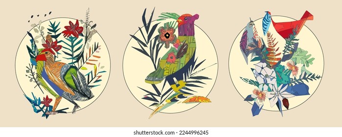 Pájaro en rama arbórea con hojas, flores y gran círculo sobre fondo beige claro. Ilustración colorida.