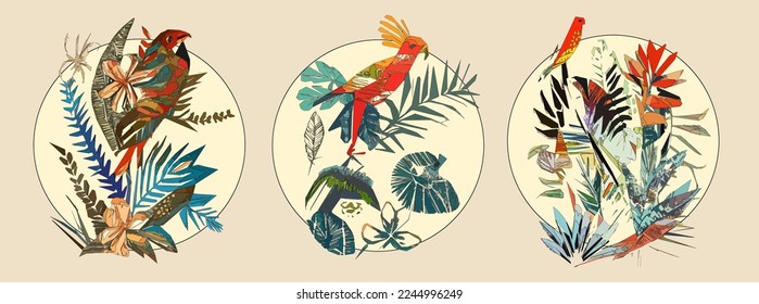 Bird on tree branch with leaves, flowers and large circle on light beige background. Colorful illustration.