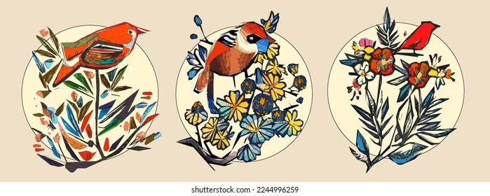 Bird on tree branch with leaves, flowers and large circle on light beige background. Colorful illustration.