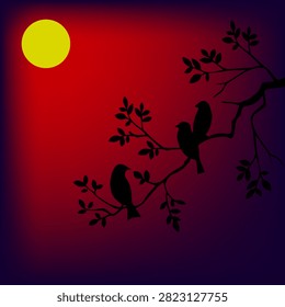 Bird on tree branch with red sun vector illustration.
