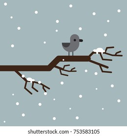 Bird on a tree branch in winter, flat design cute vector illustration,