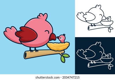 A bird on tree branches with it baby in the nest. Vector cartoon illustration in flat icon style