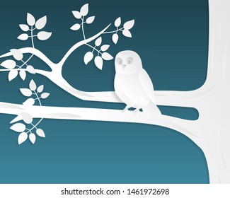 Bird on tree branches in the night in paper cut style. Owl on tree. Vector illustration.