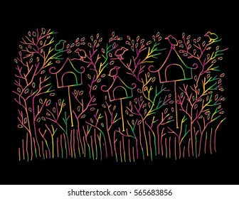 Bird on the tree decorative style. Hand drawing illustration
