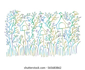Bird on the tree decorative style. Hand drawing illustration