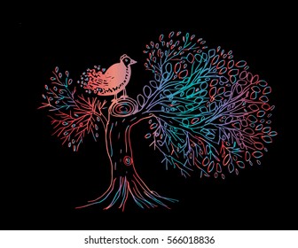 Bird on tree hand drawing illustration.