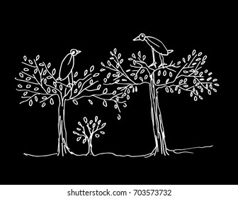 Bird on tree hand drawing illustration. Decorative style black and white