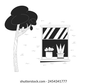 Bird on tree near open window building black and white cartoon flat illustration. House exterior on summer day 2D lineart objects isolated. Simple lifestyle monochrome scene vector outline image