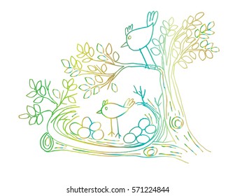 Bird on tree.Hand drawing illustration