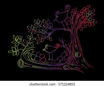 Bird on tree.Hand drawing illustration