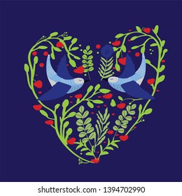 bird on twig with hearts  pattern vector