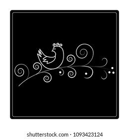 Bird on twig in square. Design illustration decorative nature for pattern. Symbol decorative wildlife and summer forest sign. Template for t shirt, card, poster. Design element. Vector illustration