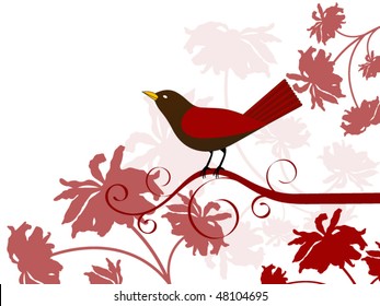 bird on a vine silhouette of flowers behind