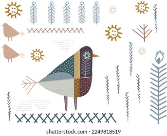 A bird on a white background with different plants.
