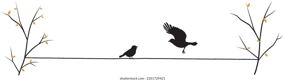 Bird on wire on branch and flying bird silhouette, vector. Scandinavian minimalism art design. Birds illustration isolated on white background. Wall art, artwork, poster design. 