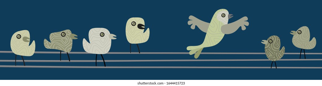 Bird on wire by night. Hand drawn vector illustration