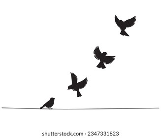 Bird on wire and flying birds silhouettes, vector. Scandinavian minimalism art design. Birds illustration isolated on white background. Wall art, artwork, poster design. Freedom concept