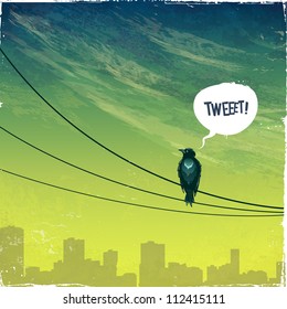 Bird on wire. Grunge styled vector illustration.