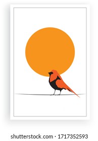 Pájaro en alambre al atardecer, vector. Diseño de arte minimalista escandinavo. Diseño de afiches, arte mural, arte. Robin Bird Silhouette. Diseño de Arte Natural, Decoración mural aislada en fondo blanco. Obra artística mural