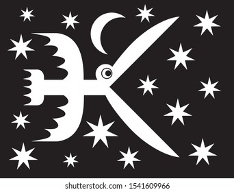 Bird with an open beak on the background of stars and the moon. Fantastic black and white graphics. Vector picture art.
