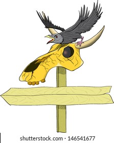 A bird with open beak sits on a dead animal skull