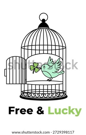 Bird in open cage with shamrock, free and lucky text for st patricks day greeting, freedom symbol