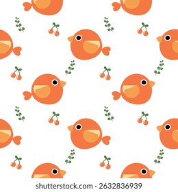 Bird orange cartoon so cute. On cherry white background. Pattern seamless vector illustration. 