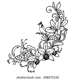 Bird orange flower line drawing vintage vector