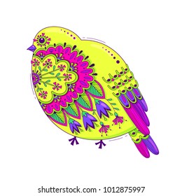 Bird with oriental patterns and flowers. Bright happy design element. Vector illustration.