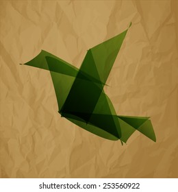 bird origami LOGO green on crumpled paper brown background 