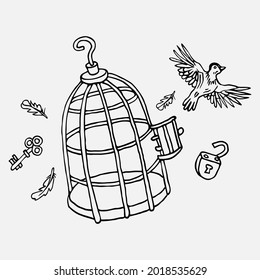 Bird out of the cage isolated on white background