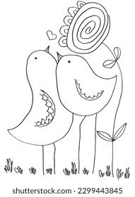 Bird outline illustration image. 
Hand drawn image artwork of two chickens. 
Simple cute original logo of a monochrome birds.
Hand drawn vector illustration for posters, cards, t-shirts.