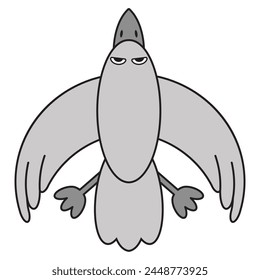 Pájaro (contorno), vista de arriba hacia abajo, color - tonos de gris, aislado sobre fondo blanco. Ilustración vectorial.