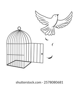 A bird with outspread wings flying out of an opened cage. The concept of freedom. Vector illustration