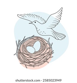 A bird over a nest with eggs. Nesting. Easter. Vector illustration.