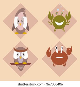 Bird, owl, crab, cancer, on a background beige rhombuses