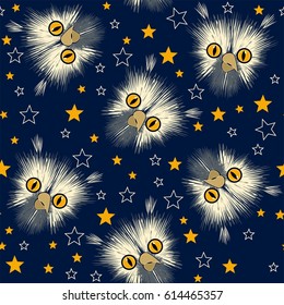 bird owl face white on blue black background with yellow stars vector seamless pattern