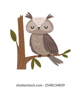 Búho pájaro bosque animal emplumado en rama de árbol con hojas. Ilustración vectorial de pájaro alegre de la historieta del owlet en estilo plano, carácter del zoológico para los niños o los niños.