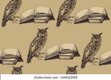 Bird owl with an opened book, seamless pattern. Hand drawing, vector illustration.