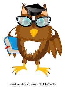 Bird owl professor with book on white background