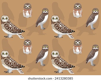 Bird Owl Saw-Whet Burrowing Cute Seamless Wallpaper Background