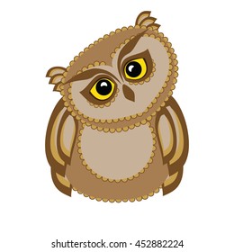 Bird owl sitting and watching . Decoration for fabric,pillows ,banners. Vector illustration